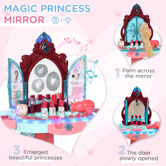 Magic Princess Mirror Dressing Table Playset - 31 PCS Musical Vanity with Light-Up Beauty Mirror and Accessories - Ideal for Kids Ages 3-6, Blue and Pink Pretend Play Toy