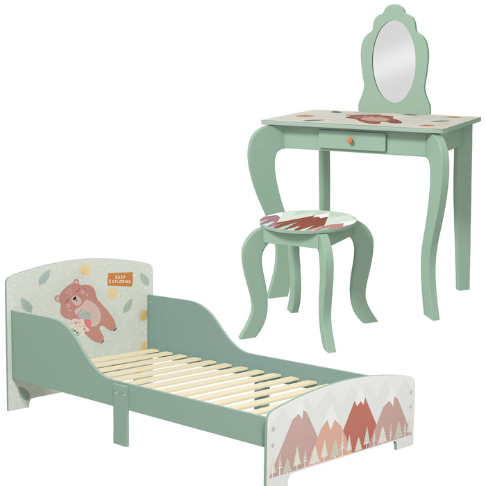 Cute Animal-Themed Toddler Bed Frame and Dressing Table Set - Includes Mirror and Stool for Kids Bedroom - Ideal Furniture for Ages 3-6 Years, Vibrant Green Color