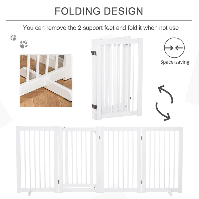 Freestanding 4-Panel Wooden Pet Gate - 91cm Foldable Dog Barrier with Walk-Through Door & Stabilizing Feet - Ideal for Doorway & Stairs Safety, White