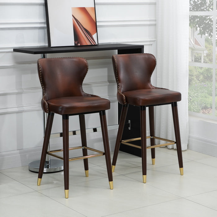 Luxury European Counter-Height Bar Chair Set - Vintage Brown PU Leather Stools with Backs - Elegant Seating for Kitchen and Bar Areas