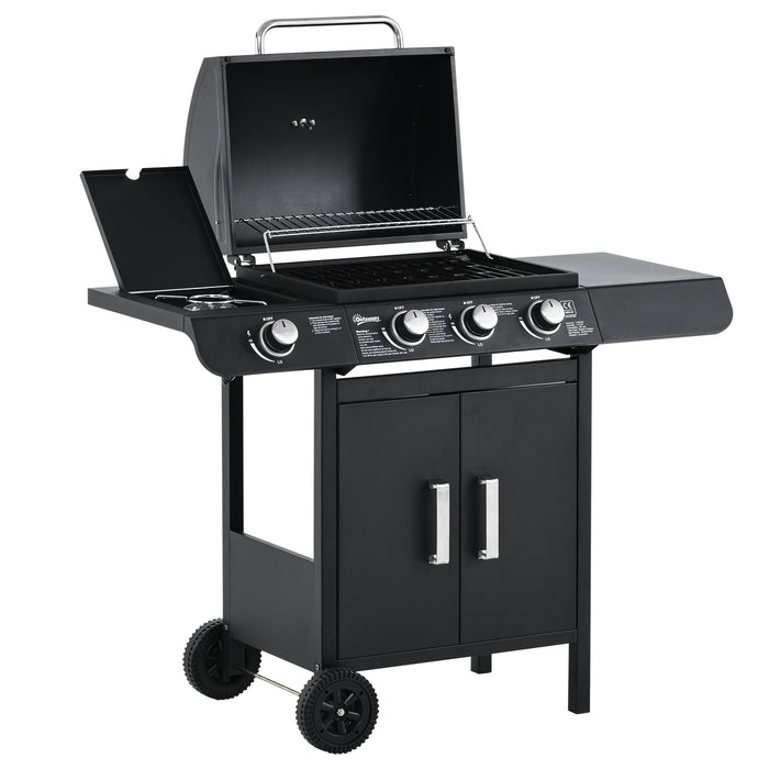 3+1 Burner Gas BBQ Grill with Side Burner - Outdoor Barbecue Trolley, Warming Rack, Storage Cabinet - Ideal for Garden Cooking and Entertainment