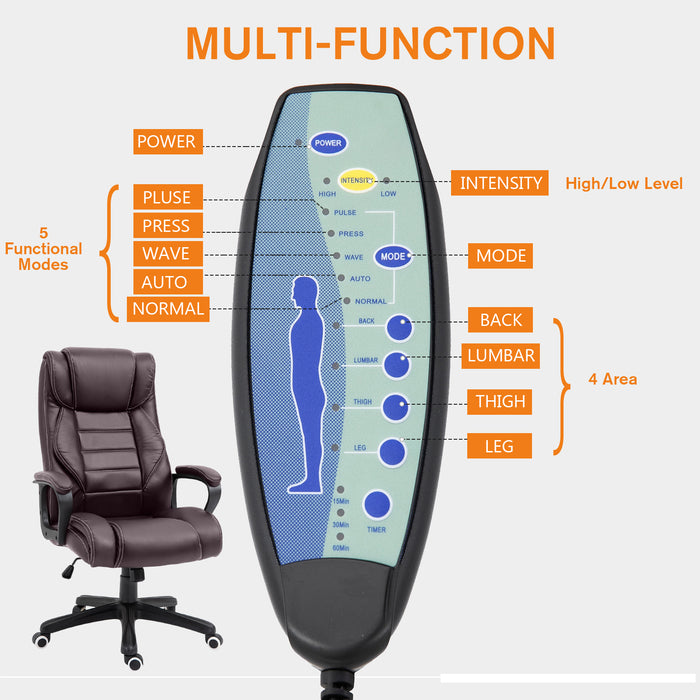 Ergonomic High Back Executive Chair with 6-Point Vibration Massage - Extra Padded Swivel and Tilt Desk Seat in Brown - Ideal for Office Professionals Seeking Comfort and Relaxation