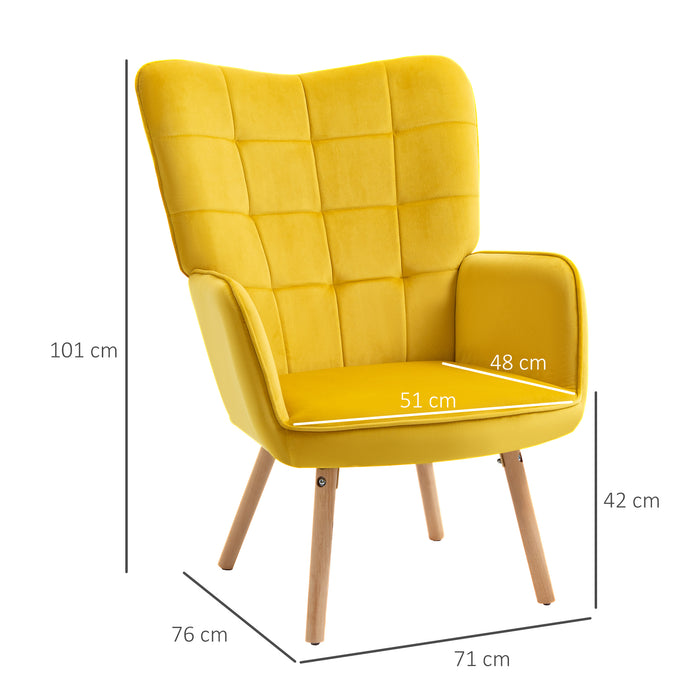 Velvet-Touch Tufted Wingback Armchair - Modern Upholstered Accent Chair with Wooden Legs in Vibrant Yellow - Stylish Lounge & Club Seating for Contemporary Homes