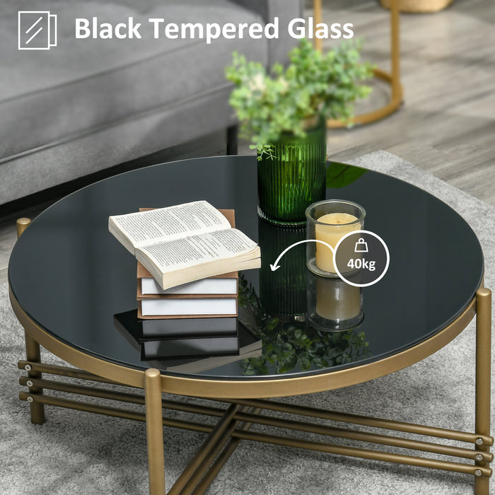 Gold-Finish Metal and Tempered Glass Round Coffee Table - Elegant Accent Cocktail Furniture for Living Room Decor - Stylish Centerpiece for Home Entertaining