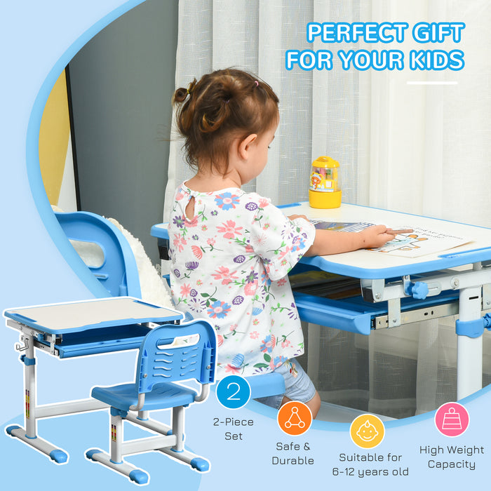 Adjustable Kids Desk and Chair Combo - Ergonomic Student Writing and Study Workstation with Tilt Desktop, Storage Drawer, Pen Holder, Hook - Perfect for Home Schooling and Homework Sessions