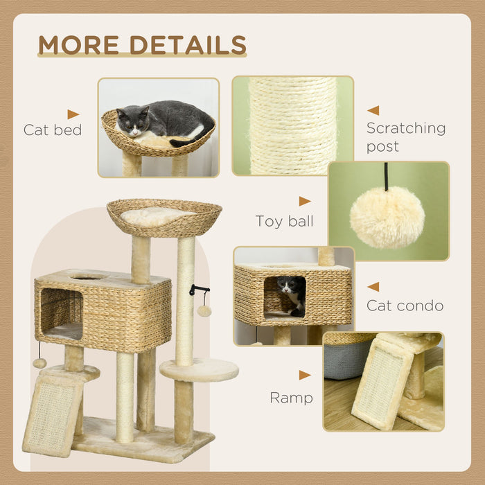 Deluxe 95cm Beige Cat Tree Tower - Multi-Level with Scratching Post, Cozy Cat House, Dangling Toy Ball, and Perch Platform - Perfect Play Structure for Climbing & Lounging Felines