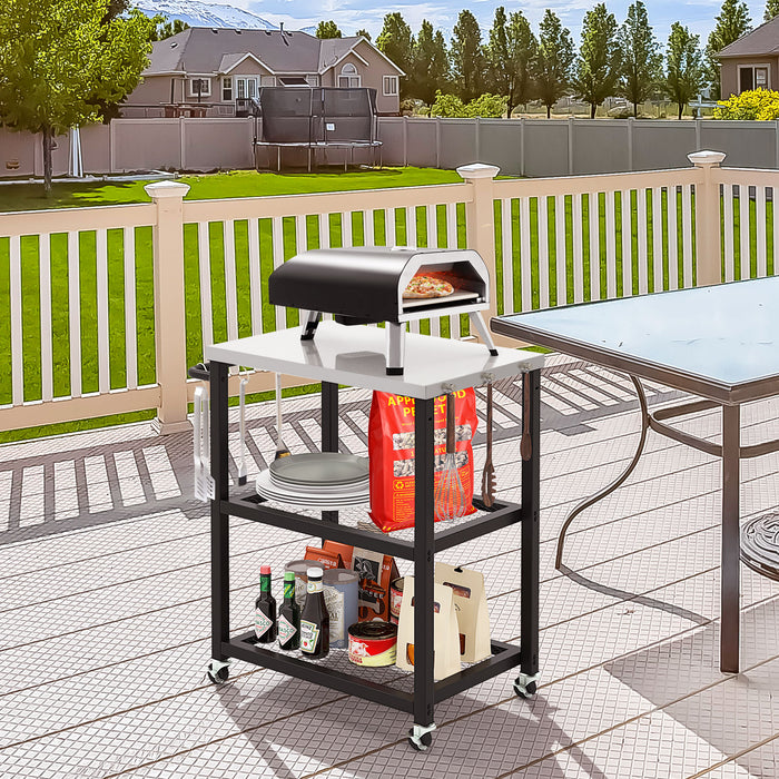 Outdoor Grill Cart on Wheels - 3-tier Structure, Stainless Steel Top and Handle - Convenient for BBQ Enthusiasts and Outdoor Cooking