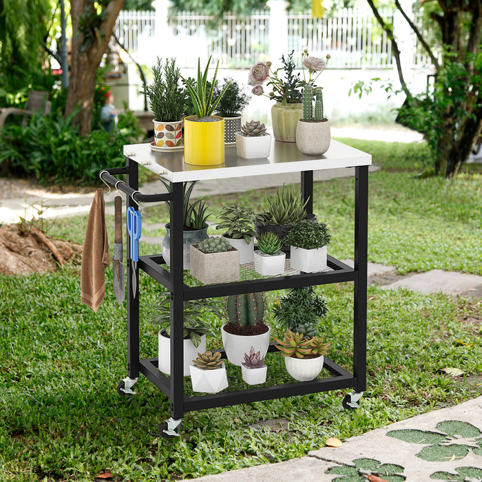 Outdoor Grill Cart on Wheels - 3-tier Structure, Stainless Steel Top and Handle - Convenient for BBQ Enthusiasts and Outdoor Cooking