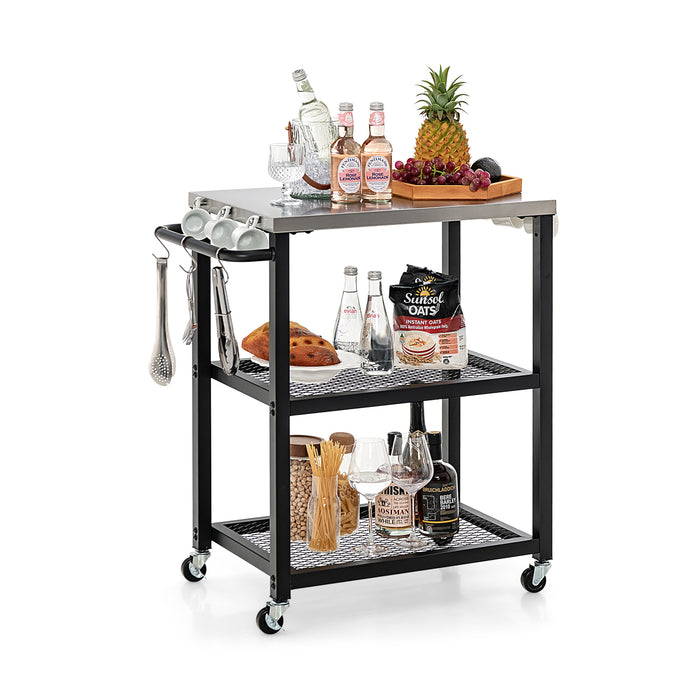 Outdoor Grill Cart on Wheels - 3-tier Structure, Stainless Steel Top and Handle - Convenient for BBQ Enthusiasts and Outdoor Cooking