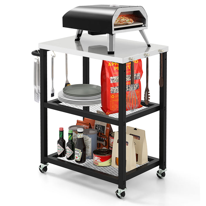 Outdoor Grill Cart on Wheels - 3-tier Structure, Stainless Steel Top and Handle - Convenient for BBQ Enthusiasts and Outdoor Cooking