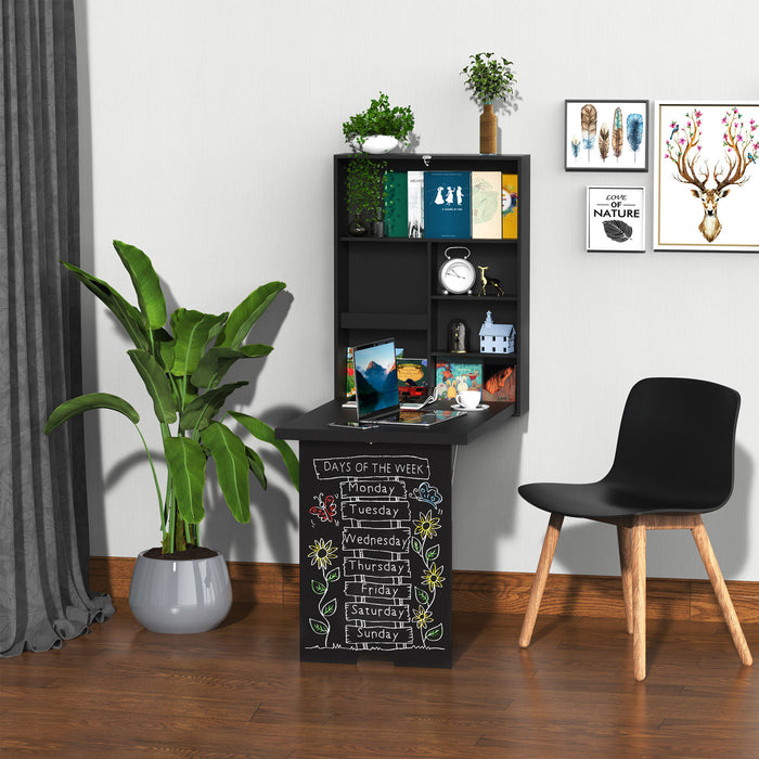Wall-Mounted Folding Table with Chalkboard - Space-Saving Drop-Leaf Desk, Multifunctional, Black - Ideal for Small Spaces and Creativity Stations