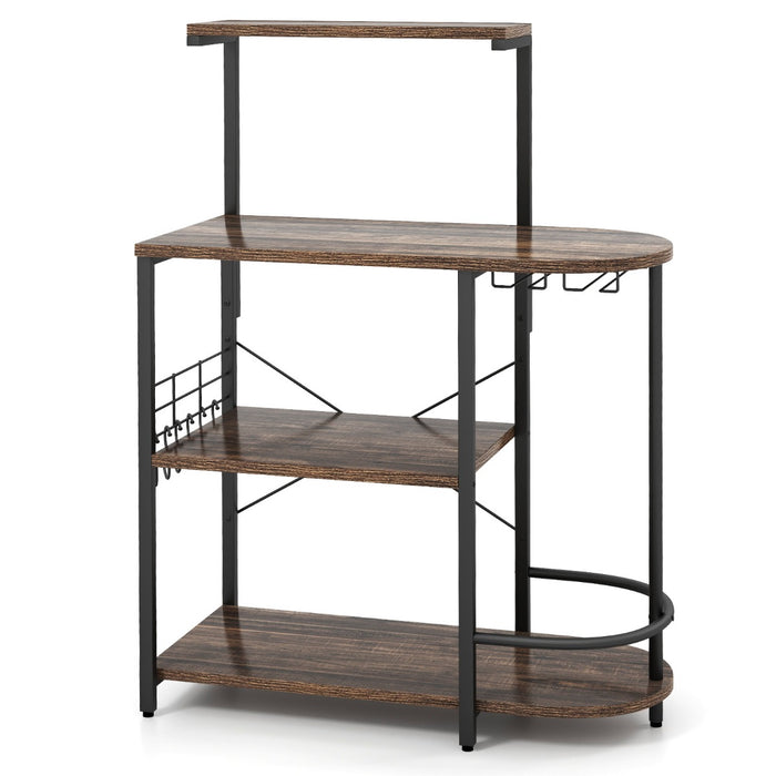 Rustic Brown 4-Tier Kitchen Bakers Rack - Equipped with 6 S-Hooks and Stemware Racks - Ideal Storage Solution for Kitchenware and Wine Glasses