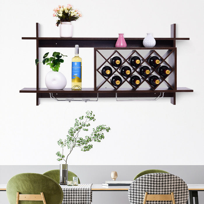 Walnut Wall-Mounted Wine Rack - Features Wine Glass Holder & Sturdy Design - Perfect for Home Bar, Wine Lovers or Space Saving Solution