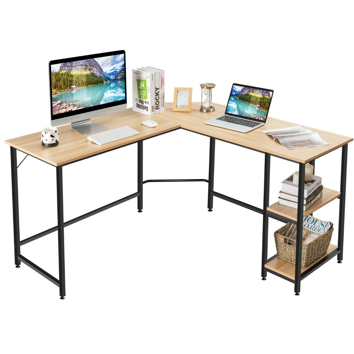 Corner Desk Solutions - L-Shaped Computer Desk with 2-Tier Storage Shelf in Natural Finish - Ideal for Home Offices and Small Spaces