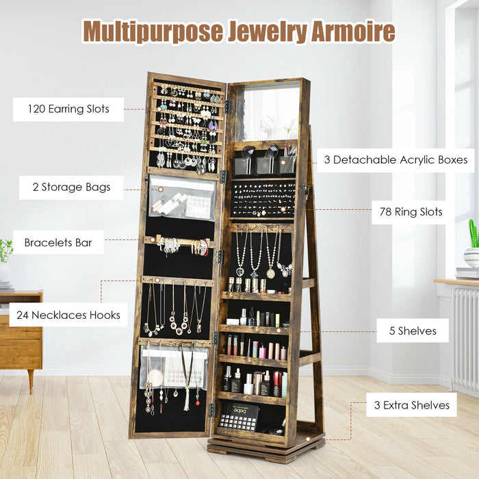Mirrored Jewellery Cabinet - Full Length, 360° Rotating Design with Open Display Shelves in Rustic Brown - Ideal for Organizing and Storing Jewelry