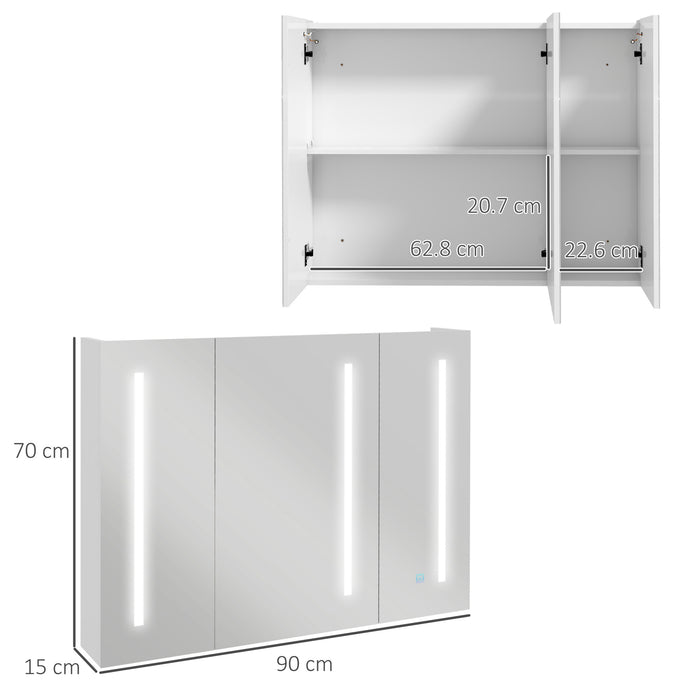 Bathroom Wall Cabinet with Integrated Lighting - USB Charging Storage Cupboard with Adjustable Shelf, 90x70x15cm - Ideal for Organizing Toiletries & Charging Devices