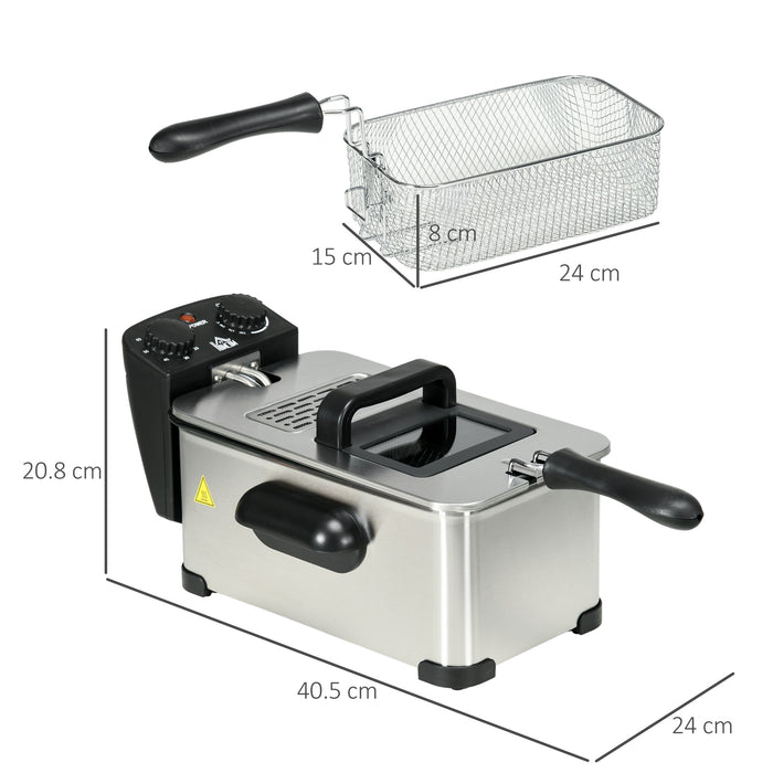 2000W Stainless Steel Deep Fat Fryer - 3L Capacity with Adjustable Temperature, 60-Min Timer & Viewing Window - Ideal for Homemade Crispy Foods with Safety Cut-Out Feature