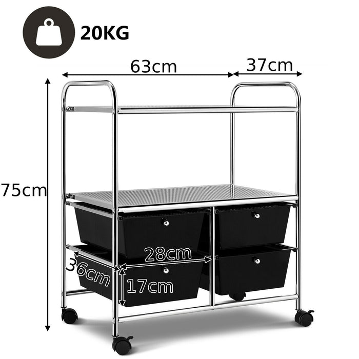 Multi-Purpose Cart - Utility Organiser with 4 Plastic Drawers in Sleek Black - Ideal for Home or Office Storage Solutions