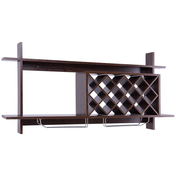 Walnut Wall-Mounted Wine Rack - Features Wine Glass Holder & Sturdy Design - Perfect for Home Bar, Wine Lovers or Space Saving Solution