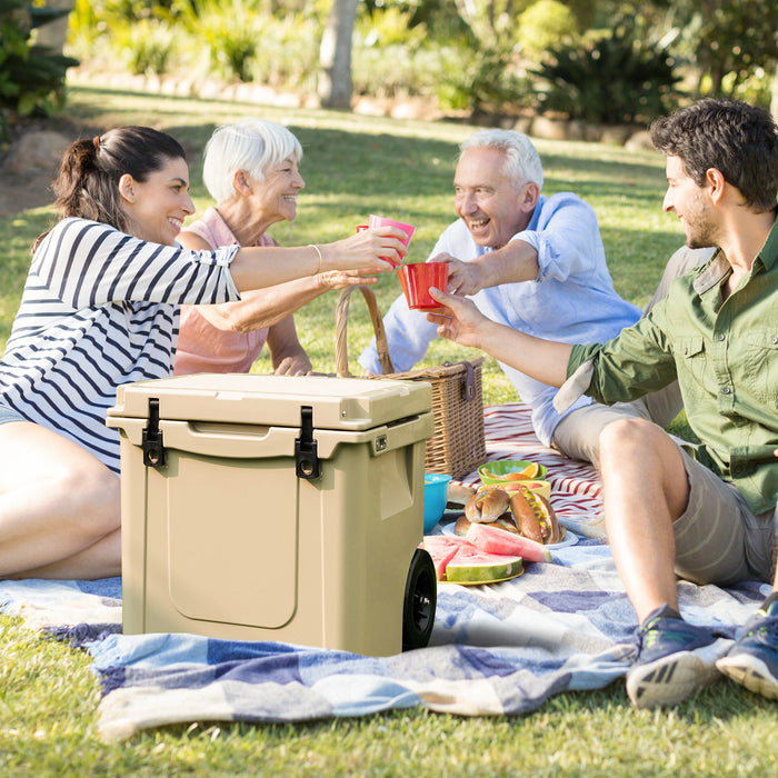 Cooler Towable Ice Chest 43L - All-Terrain Wheels, Leak-Proof, Sand Color - Ideal for Outdoor Enthusiasts and Picnic Lovers