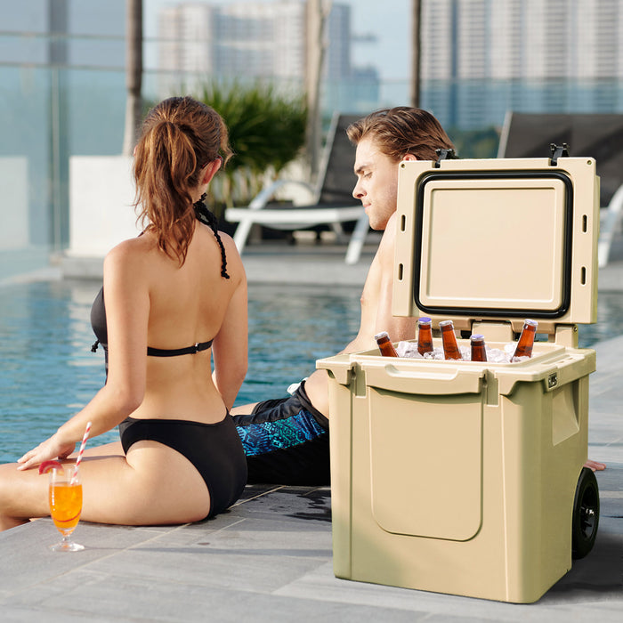 Cooler Towable Ice Chest 43L - All-Terrain Wheels, Leak-Proof, Sand Color - Ideal for Outdoor Enthusiasts and Picnic Lovers