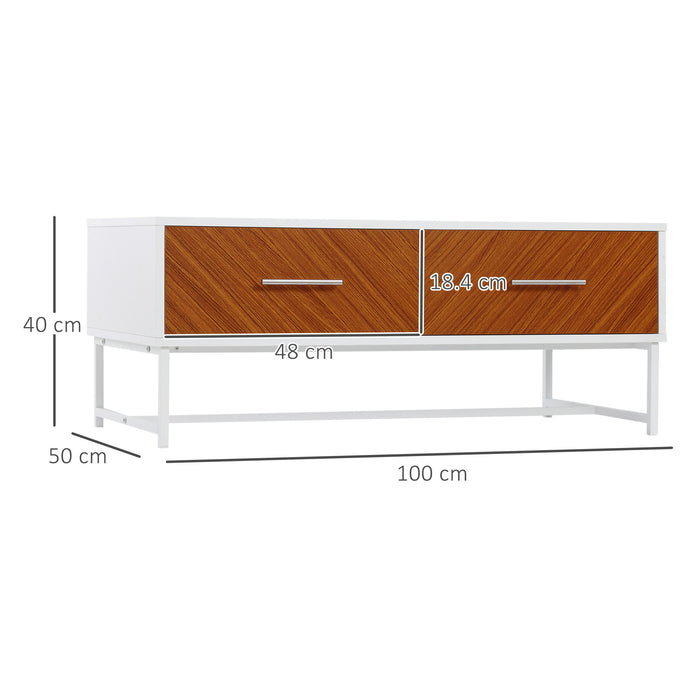 Rectangular Modern Coffee Table with Storage - Dual Drawers & Open Compartment Design, Sturdy Metal Legs - Elegant Living Room Centerpiece Furniture