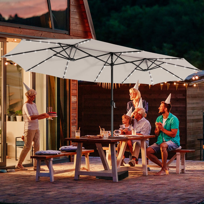 Double-Sided Patio Umbrella with Solar Lights - 450cm Beige Outdoor Parasol - Ideal for Patio Dining and Nighttime Lounging