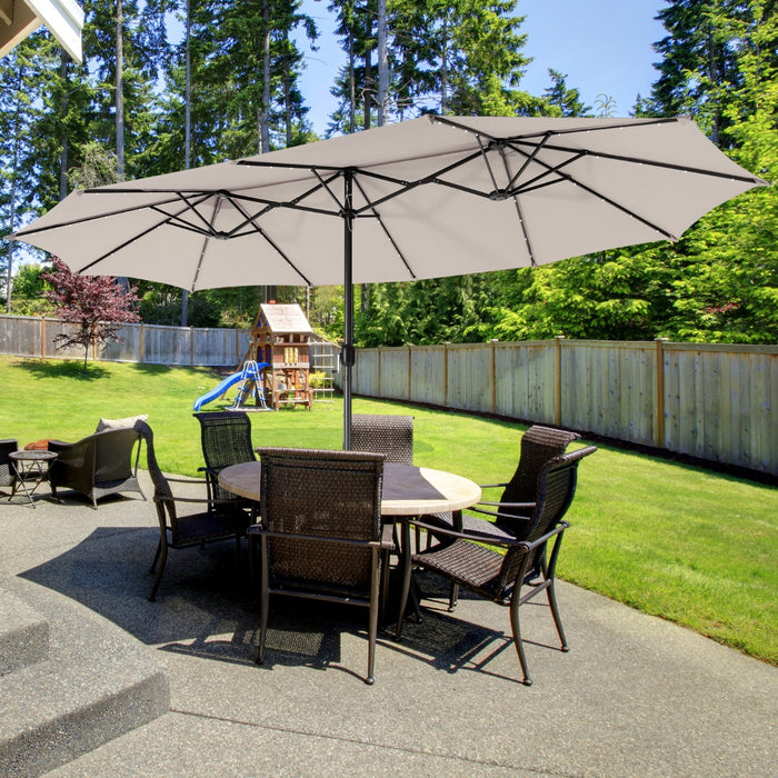 Double-Sided Patio Umbrella with Solar Lights - 450cm Beige Outdoor Parasol - Ideal for Patio Dining and Nighttime Lounging
