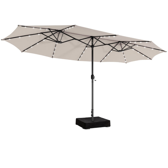 Double-Sided Patio Umbrella with Solar Lights - 450cm Beige Outdoor Parasol - Ideal for Patio Dining and Nighttime Lounging