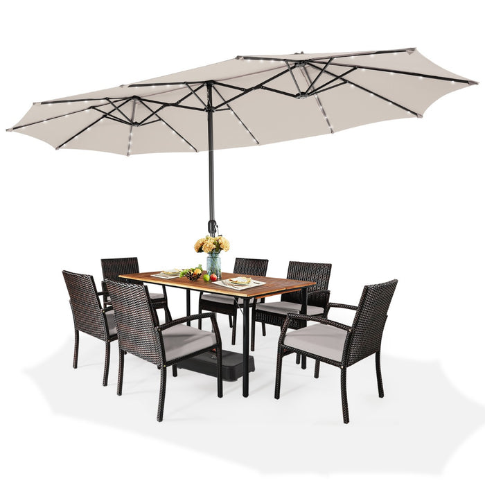 Double-Sided Patio Umbrella with Solar Lights - 450cm Beige Outdoor Parasol - Ideal for Patio Dining and Nighttime Lounging