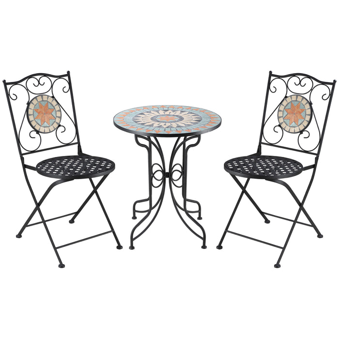 3-Piece Metal Garden Bistro Set with Mosaic Tabletop - Folding Chairs & Round Table for Outdoor Use - Ideal for Balcony & Poolside, Light Blue