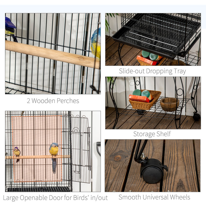 Spacious Rolling Birdcage for Parrots - 51x51x153cm Aviary with Feeding Station and Stand for Budgies, Finches, Cockatiels - Easy Mobility & Comfortable Home for Feathered Friends
