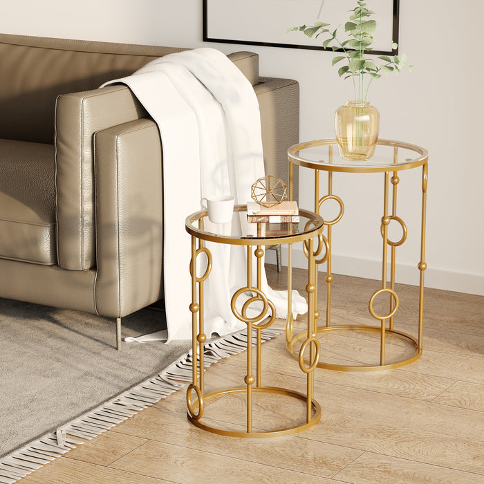 Gold Nesting Coffee Table Duo - Set of 2 Round Tables with Tempered Glass Top & Steel Frame - Elegant Space-Saving Furniture for Living Room