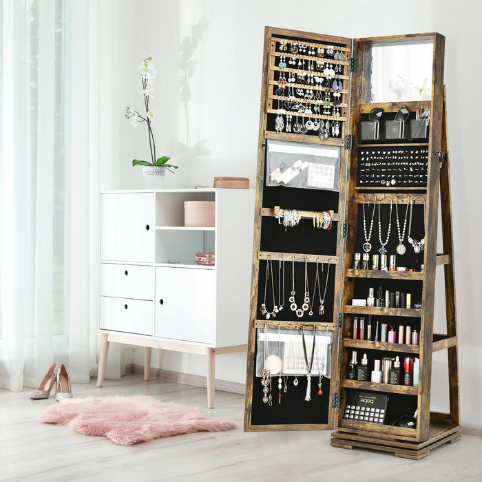 Mirrored Jewellery Cabinet - Full Length, 360° Rotating Design with Open Display Shelves in Rustic Brown - Ideal for Organizing and Storing Jewelry