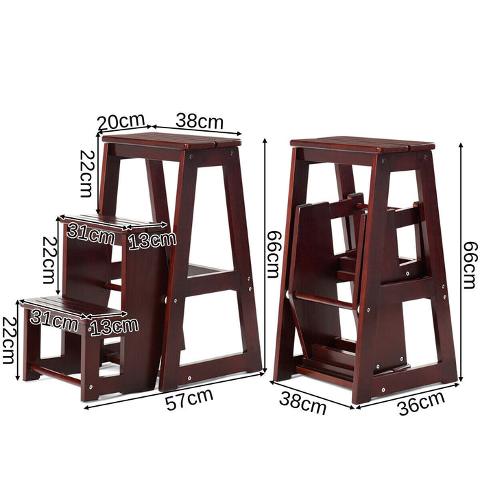 Wooden Folding 3-Tier Step Stool - Functional Stepladder Shelf in Coffee Finish - Ideal for Home Storage and Display Needs