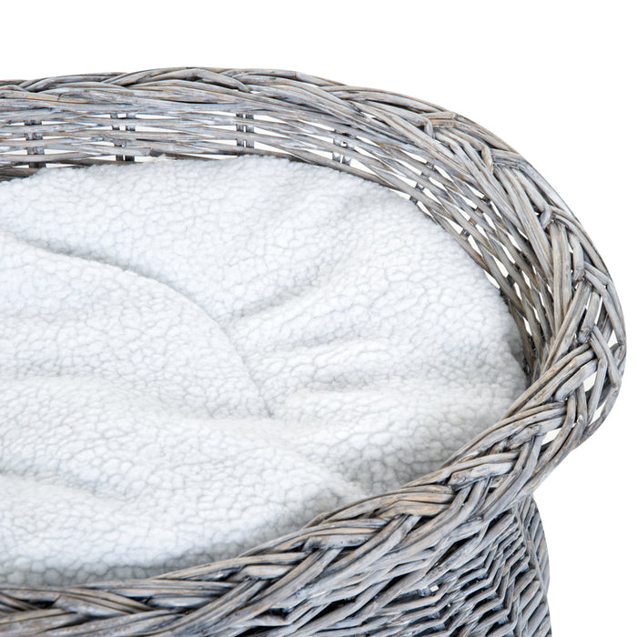 Elevated 2-Tier Wicker Cat House - Willow Basket Kitten Condo with Washable Cushions, Grey - Cozy Pet Retreat for Cats and Small Pets