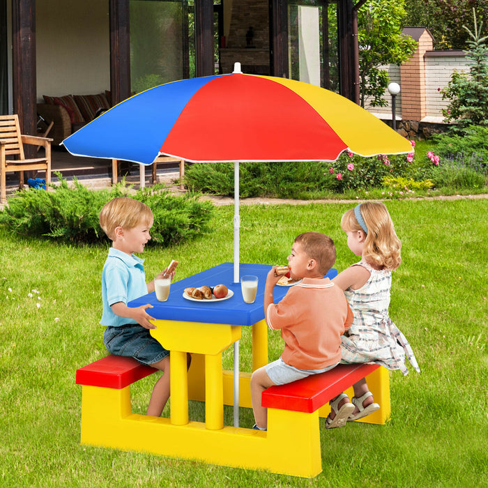 Kids Picnic Table Set - Removable Umbrella, Durable Material, Outdoor Seating and Shading - Ideal for Children's Outdoor Parties and Playdates