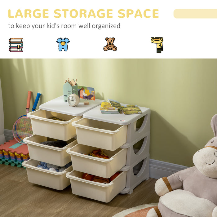 Kids 6-Drawer Storage Organizer - 3-Tier Toy and Clothing Storage Solution - Perfect for Nursery, Playroom, and Kindergarten Spaces in Cream Color