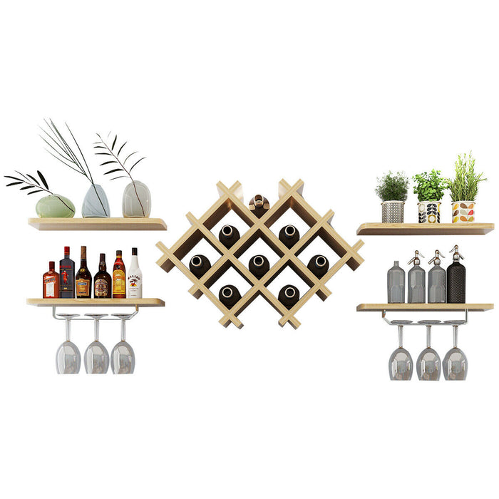 Wallniture Napa - Four-Tier Floating Wall Mounted Wine Rack with Glass Storage - Ideal for Home Bar and Wine Enthusiasts