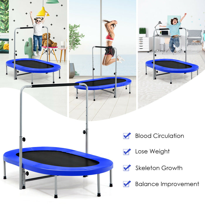 Foldable Dual Fitness Trampoline - Blue with Adjustable Handrail - Ideal for Indoor Cardiovascular Workout and Outdoor Fun