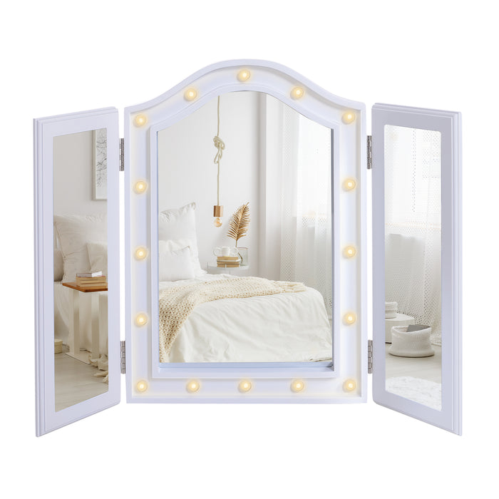 Freestanding Trifold Mirror with LED Lights - Lighted Tabletop Vanity, Large Cosmetic Mirror for Makeup - Foldable Design for Bedroom Use, Battery-Powered, White