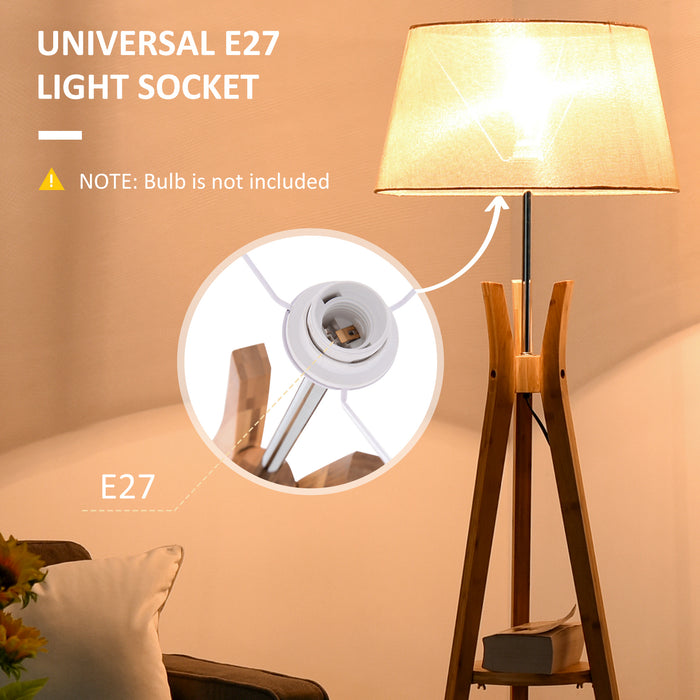 Tripod Floor Lamp with E27 Base and Shelf - Natural Wood & Beige Fabric Shade for Ambient Lighting - Ideal for Bedroom and Living Room with Convenient Foot Switch