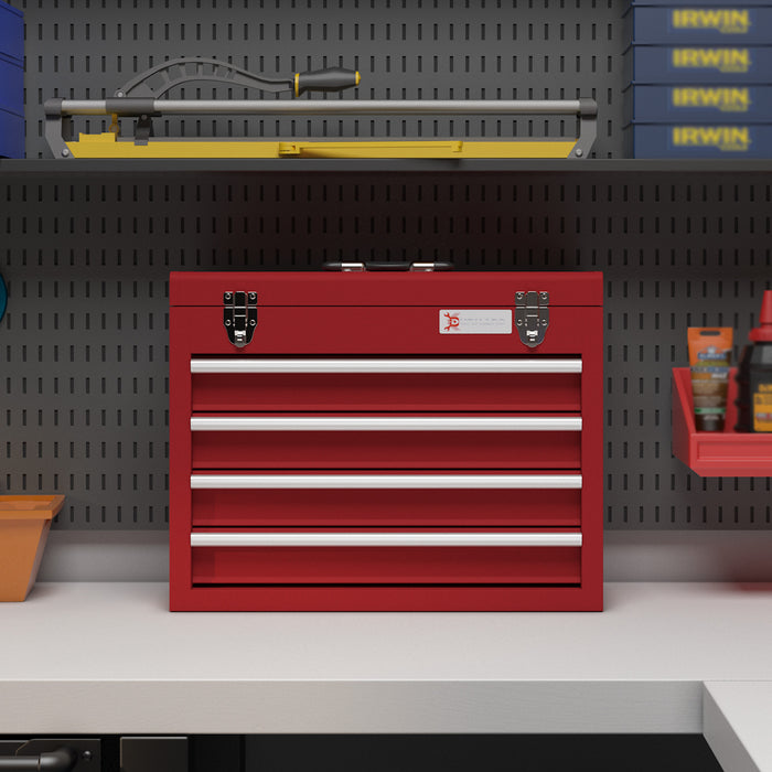 4-Drawer Lockable Metal Tool Chest with Latches and Ball Bearing Slides - Sturdy Red Storage Organizer for Workshops and Garages - Secure Tool Organization for Professionals and DIY Enthusiasts