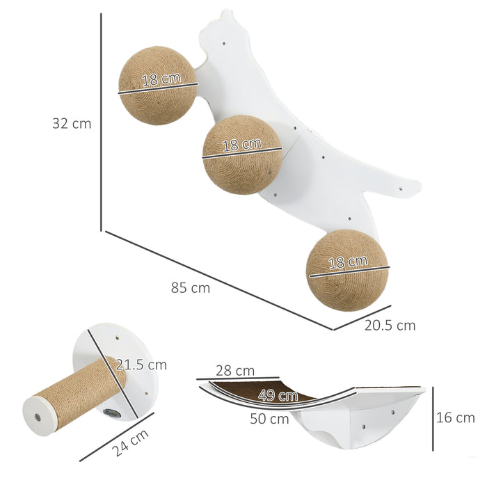 Cat-Shaped Wall Mounted Shelf Set - 4-Piece Cat Furniture with Scratching Posts and Hanging Balls - Ideal for Playful Felines and Space-Saving Pet Decor