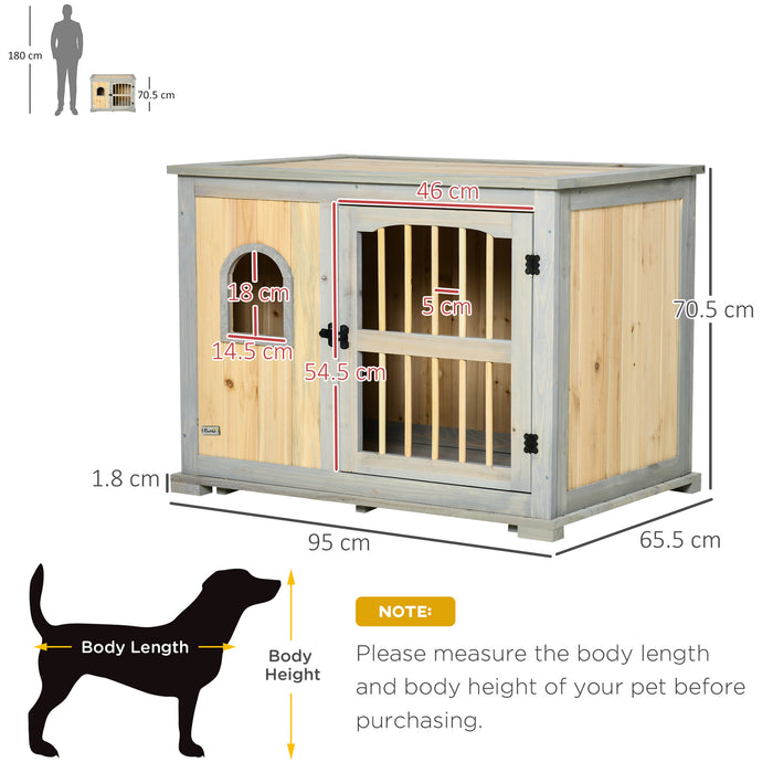Wooden Dog Crate End Table - Lockable Door, Windowed Pet Sanctuary for Small/Medium Dogs, Dual-Tone Grey & Yellow - Stylish Pet-Friendly Furniture & Home Solution