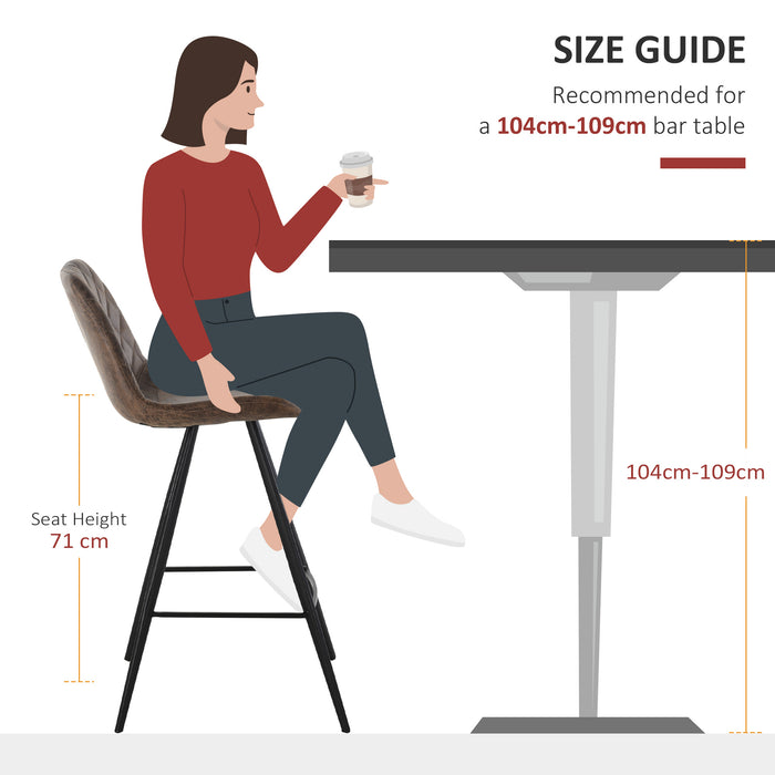 Vintage-Style Microfiber Bar Stools - Set of 2, Quilted Tub Design, Padded Seat with Steel Footrest - Comfortable Seating for Home, Cafe, Kitchen, Brown