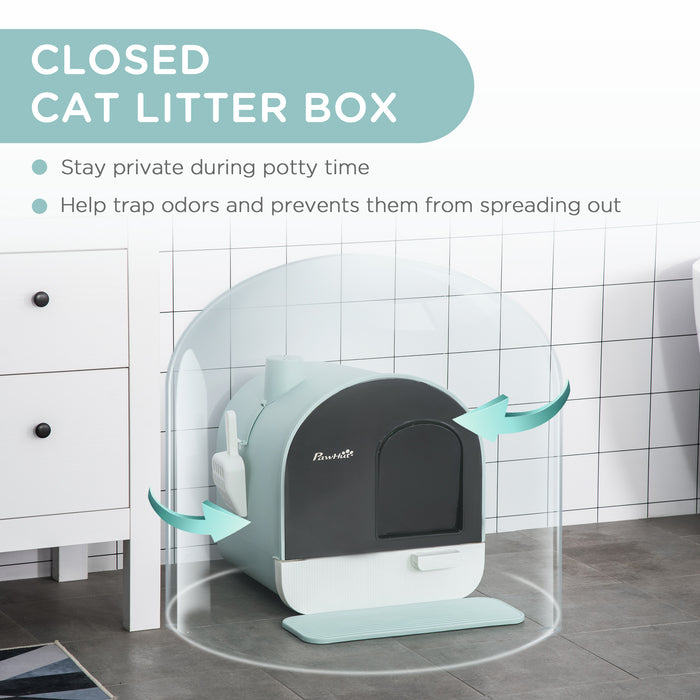 Hooded Kitten Litter Tray with Scoop & Filter - Spacious 43x44x47cm Green Litter Box with Flap Door - Ideal for Odor Control & Privacy for Your Cat