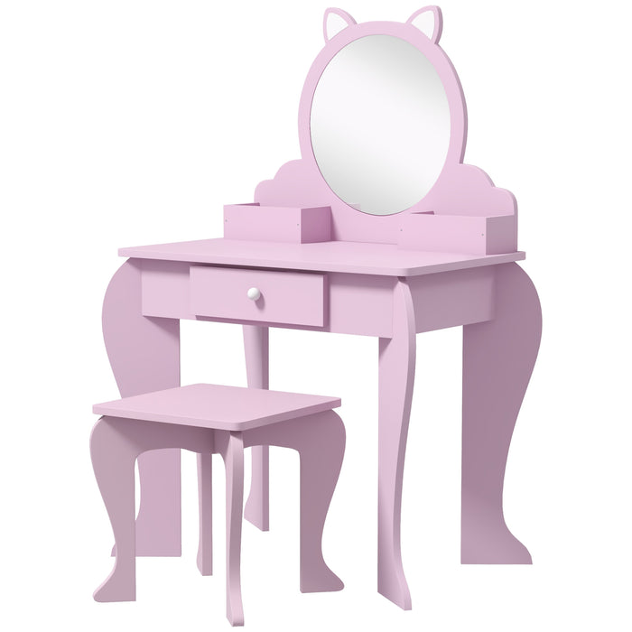 Kids Vanity Table & Stool Set - Cat-Themed Design with Mirror, Drawer, & Storage Boxes - Perfect for Children Aged 3-6 Years, Pink