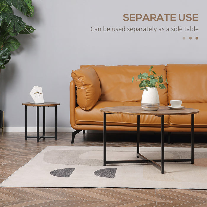 Nesting Round Coffee & Side Table Set of 2 - Rustic Brown with Industrial Metal Frame - Modern Living Room & Bedroom Furniture