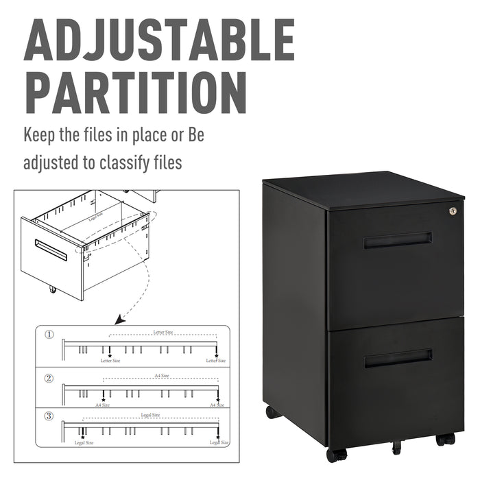 Mobile Vertical File Cabinet with 2 Drawers - A4 Document Storage, Adjustable Partition Organizer - Ideal for Office Filing and Organization